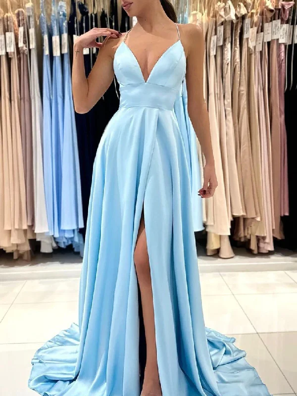V Neck Blue Satin Long Prom Dresses, Simple Blue Satin Long Formal Evening Dresses Off-the-shoulder Chic Trendy V Neck Blue Satin Long Prom Dresses, Simple Blue Satin Long Formal Evening Dresses Off-the-shoulder Chic Trendy