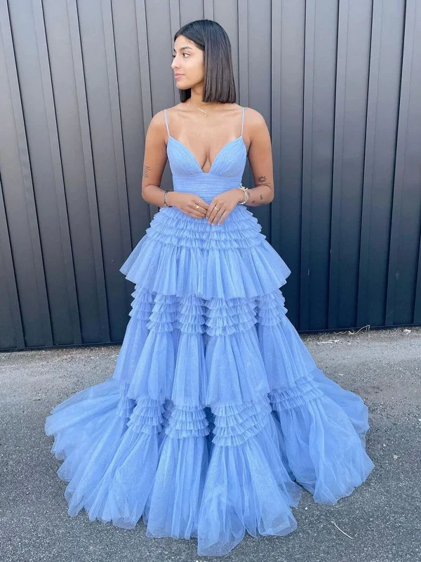 V Neck Blue Tulle Long Prom Dress, Blue Tulle Formal Evening Dress Tunics Fleece cozy V Neck Blue Tulle Long Prom Dress, Blue Tulle Formal Evening Dress Tunics Fleece cozy