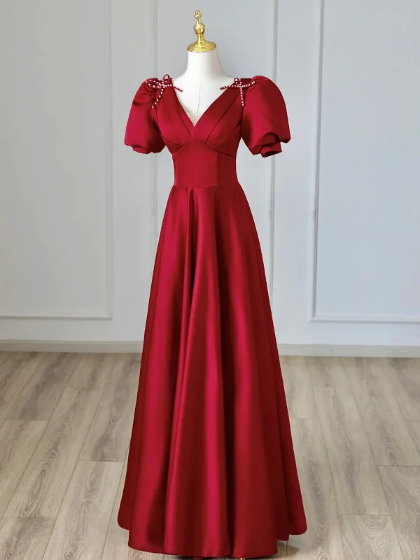 V Neck Burgundy Satin Long Prom Dress, Burgundy Formal Evening Dress Tunics Chic elegant V Neck Burgundy Satin Long Prom Dress, Burgundy Formal Evening Dress Tunics Chic elegant