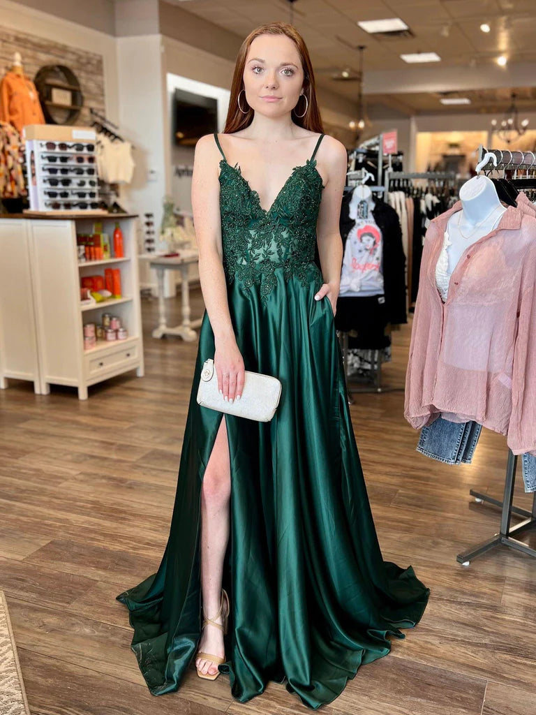 V Neck Green Lace Long Prom Dresses with High Slit, Green Lace Formal Dresses, Green Evening Dresses Tunics Chinos classic V Neck Green Lace Long Prom Dresses with High Slit, Green Lace Formal Dresses, Green Evening Dresses Tunics Chinos classic