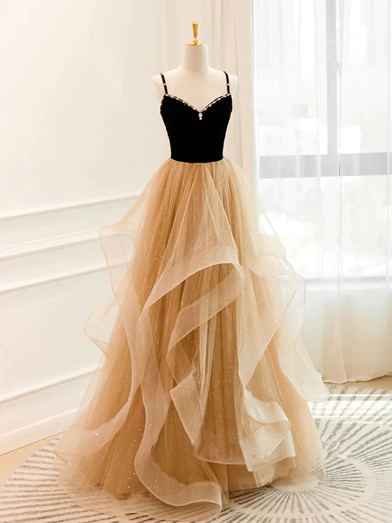 V Neck Open Back Black Champagne Long Prom Dresses, Black Champagne Long Formal Evening Dresses Tunics Silk luxurious V Neck Open Back Black Champagne Long Prom Dresses, Black Champagne Long Formal Evening Dresses Tunics Silk luxurious