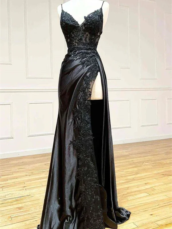 V Neck Open Back Mermaid Black Lace Long Prom Dress with High Slit, Mermaid Black Formal Dress, Black Lace Evening Dress Tunics Stylish elegant V Neck Open Back Mermaid Black Lace Long Prom Dress with High Slit, Mermaid Black Formal Dress, Black Lace Evening Dress Tunics Stylish elegant