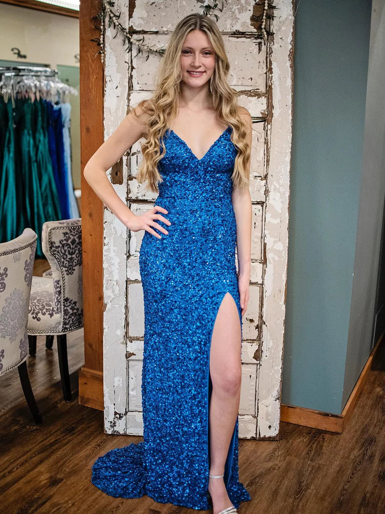 V Neck Open Back Mermaid Blue Sequins Long Prom Dresses with High Slit, Mermaid Blue Formal Graduation Evening Dresses Tunics Review highly V Neck Open Back Mermaid Blue Sequins Long Prom Dresses with High Slit, Mermaid Blue Formal Graduation Evening Dresses Tunics Review highly