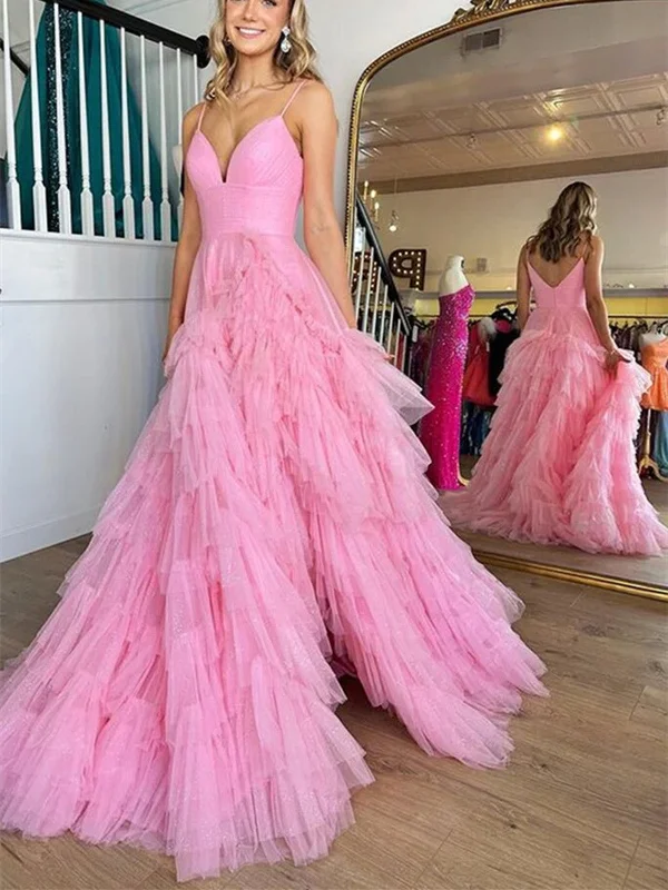 V Neck Open Back Pink Tulle Long Prom Dresses, V Neck Pink Formal Dresses, Long Pink Evening Dresses Tunics Custom made V Neck Open Back Pink Tulle Long Prom Dresses, V Neck Pink Formal Dresses, Long Pink Evening Dresses Tunics Custom made