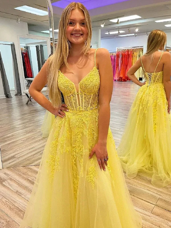 V Neck Open Back Yellow Floor Length Lace Long Prom Dresses, Spaghetti Strap Lace Formal Evening Dresses Mermaid Tail Wedding V Neck Open Back Yellow Floor Length Lace Long Prom Dresses, Spaghetti Strap Lace Formal Evening Dresses Mermaid Tail Wedding