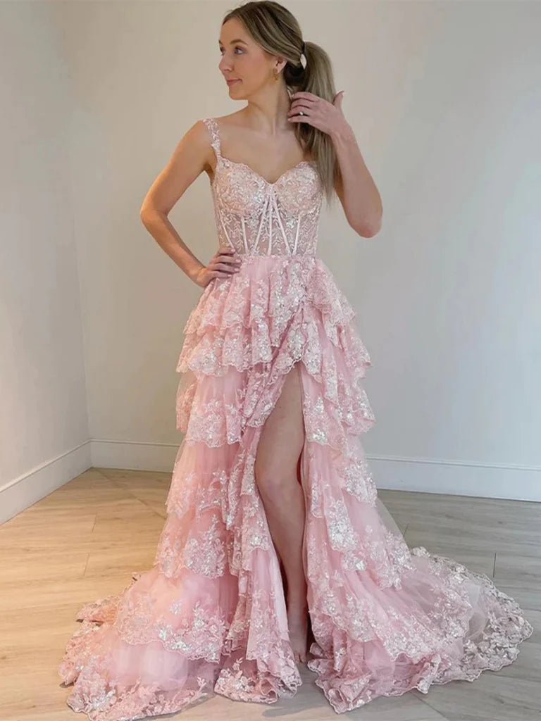 V Neck Pink/Blue/White Lace Layered Long Prom Dresses with High Slit, Pink/Blue/White Lace Formal Evening Dresses Lace Sexy Club V Neck Pink/Blue/White Lace Layered Long Prom Dresses with High Slit, Pink/Blue/White Lace Formal Evening Dresses Lace Sexy Club