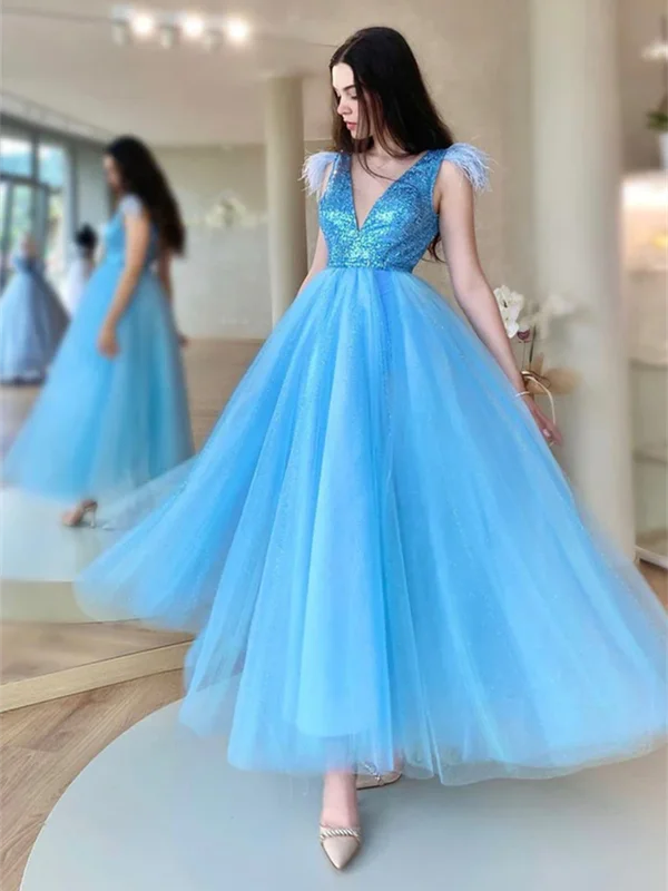 V Neck Shiny Sequins Blue Tulle Tea Length Prom Dress, Blue Tulle Homecoming Dress, Short Blue Formal Evening Dress Tunics Plaid country V Neck Shiny Sequins Blue Tulle Tea Length Prom Dress, Blue Tulle Homecoming Dress, Short Blue Formal Evening Dress Tunics Plaid country