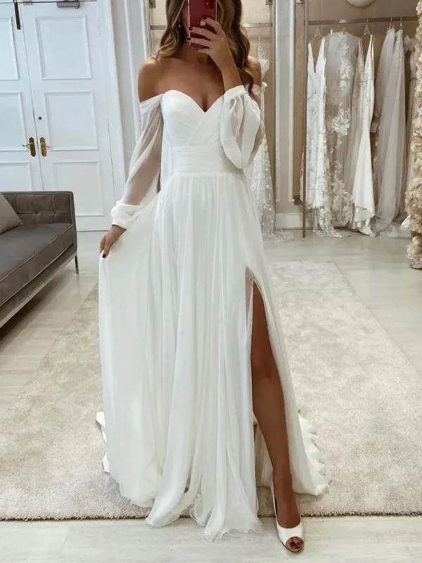 White Chiffon Long Sleeves Prom Dresses, White Chiffon Long Sleeves Formal Evening Dresses Tunics Cozy soft White Chiffon Long Sleeves Prom Dresses, White Chiffon Long Sleeves Formal Evening Dresses Tunics Cozy soft