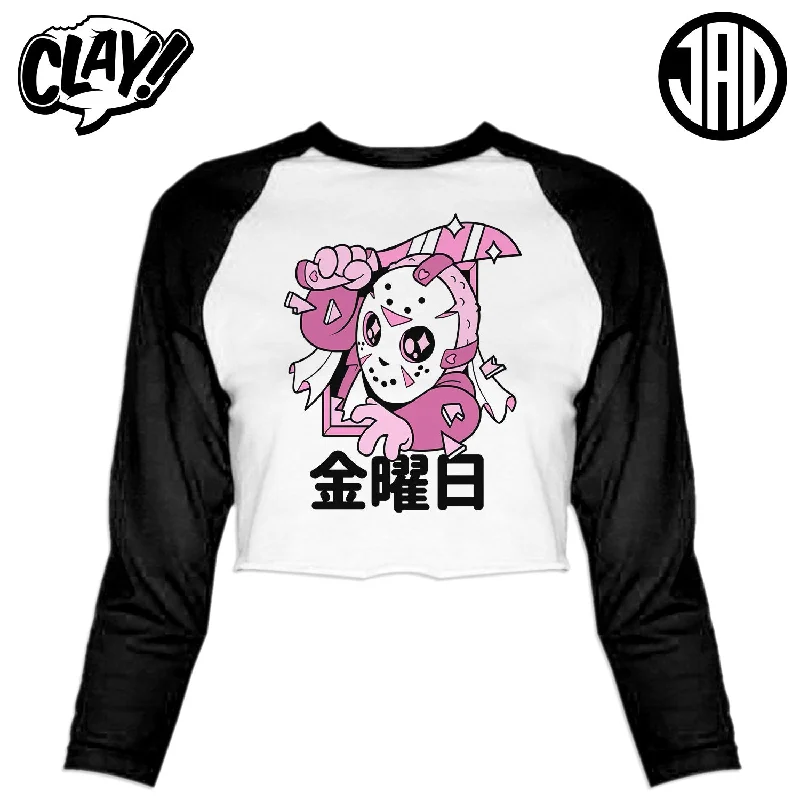 Camp Killer Jason Kawaii - Women's Cropped Baseball Tee Fleece Fabric Down Fabric Feather Fabric Camp Killer Jason Kawaii - Women's Cropped Baseball Tee Fleece Fabric Down Fabric Feather Fabric