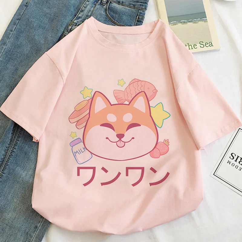 Cat Kawaii Cartoon Pattern T-shirt Women Wool Fabric Cashmere Fabric Tweed Fabric