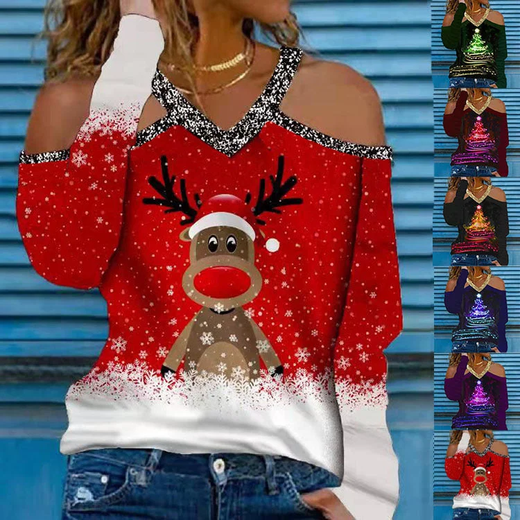 Christmas V Neck Long Sleeved T-Shirt Zippered Front Buttoned Front Snap Front