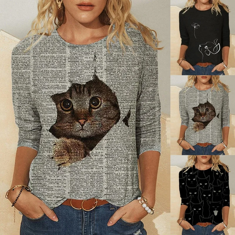 Knitted Long Sleeve Printed Round Neck Women's T-Shirt Asymmetrical Pockets Print