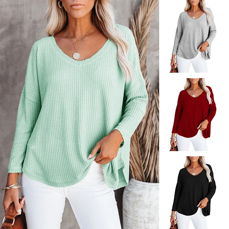 New V-Neck Long-Sleeved Casual Loose Waffle T-Shirt Top Layered Multi-layer Single Layer New V-Neck Long-Sleeved Casual Loose Waffle T-Shirt Top Layered Multi-layer Single Layer