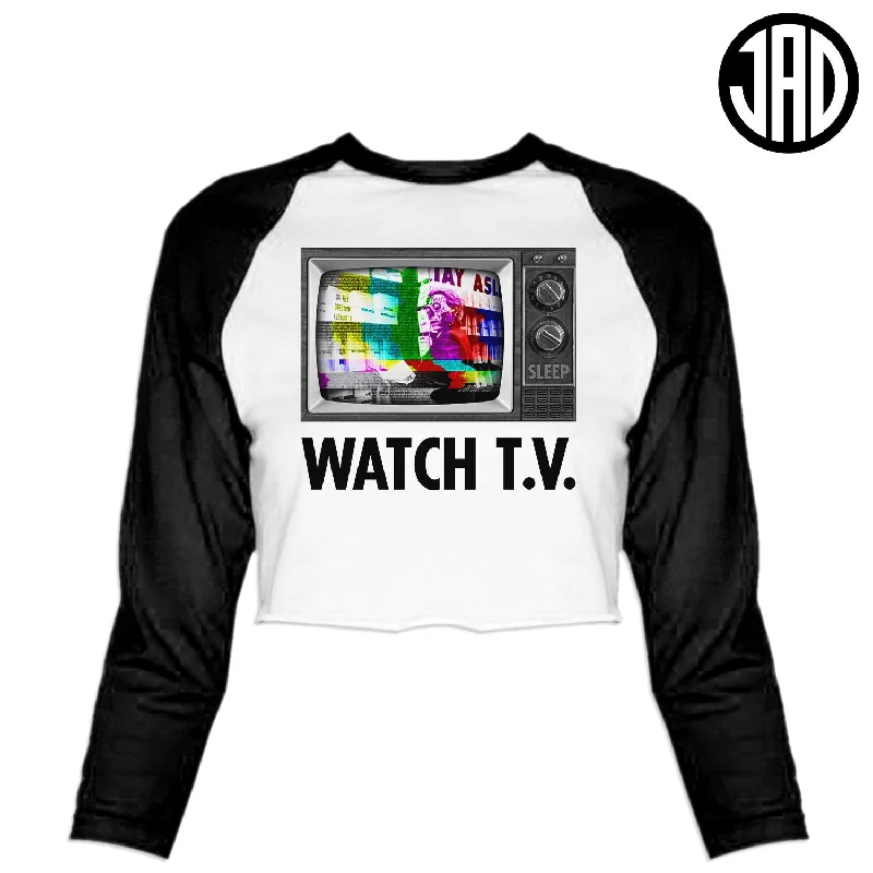Watch TV - Women's Cropped Baseball Tee Beaded Sequined Faux Fur