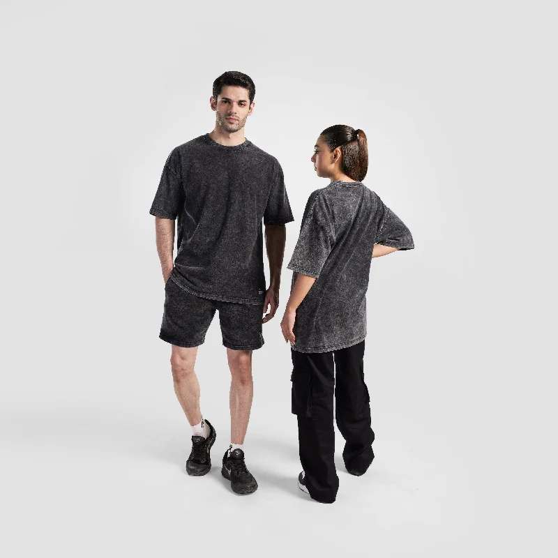 Core Stone Wash Tee (Black) Solid Print Embellished
