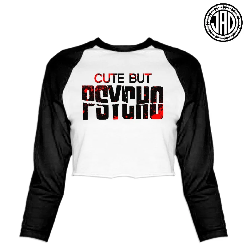 Cute But Psycho - Women's Cropped Baseball Tee Satin Blend Silk Blend Wool Blend