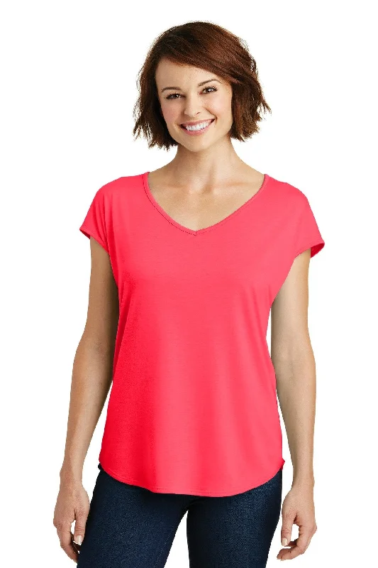 District Made Ladies Drapey Cross-Back Tee DM416 Hot Coral Thin T-Shirt Open Front Quick Dry