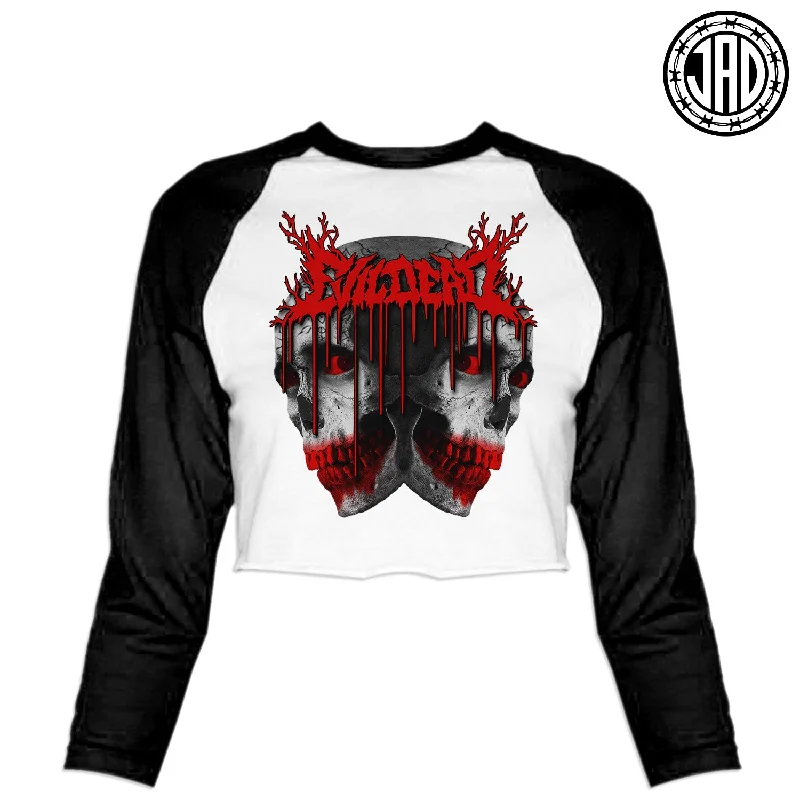 Evil Dead V2 - Women's Cropped Baseball Tee Zippered Front Buttoned Front Snap Front Evil Dead V2 - Women's Cropped Baseball Tee Zippered Front Buttoned Front Snap Front