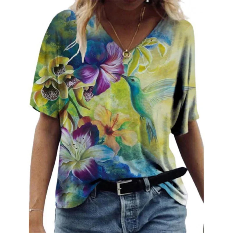 Flower Painting Printed T-shirt For Women Mesh Blend Leather Blend Suede Blend