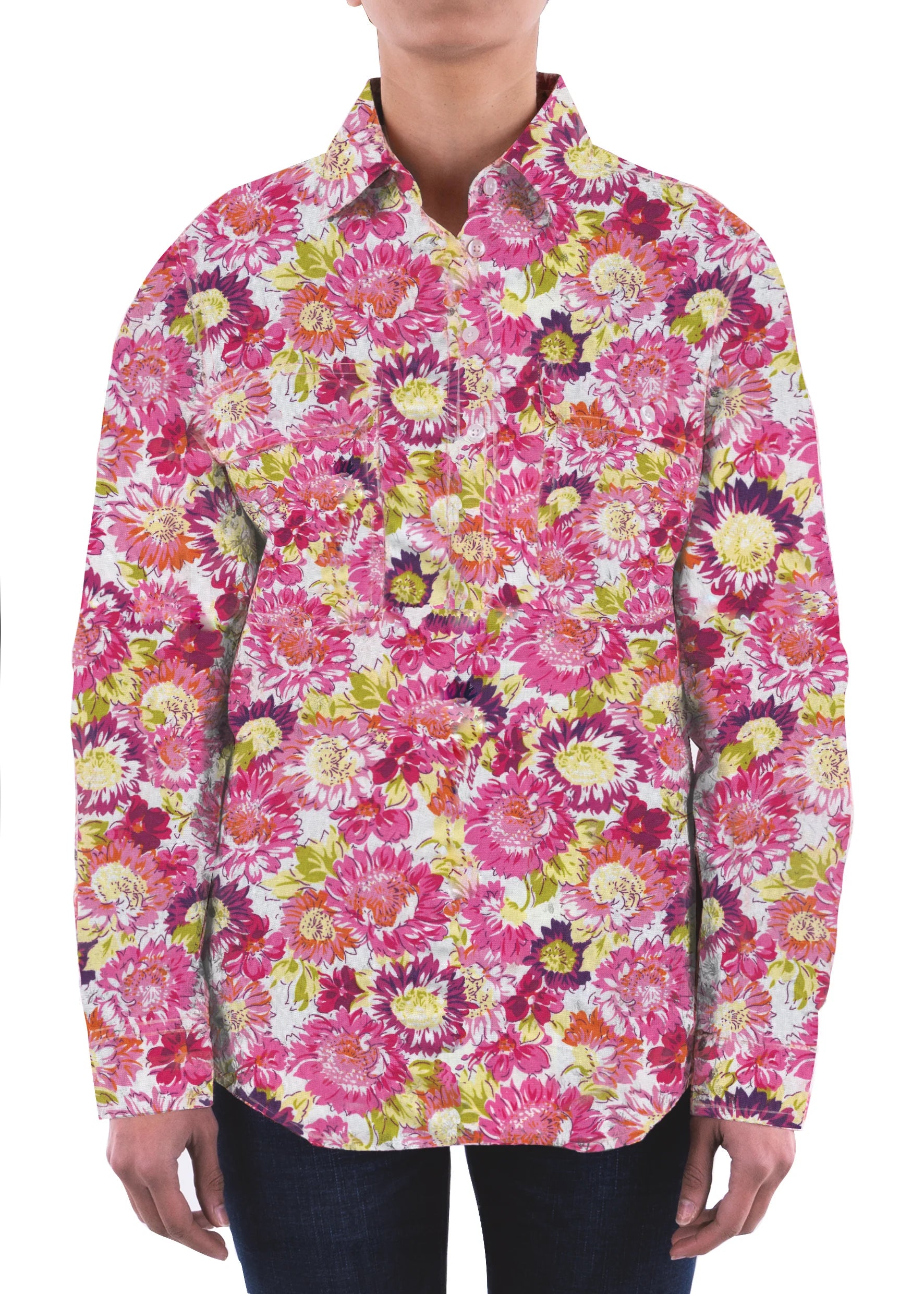 LADIES HARD SLOG BELLE HALF PLKT L/S SHIRT Collared Crew Neck Turtle Neck
