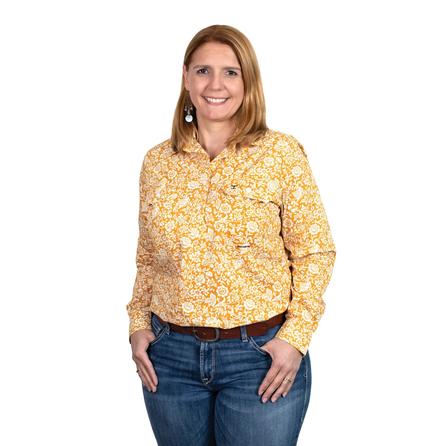 LADIES JUST COUNTRY GEORGIE 1/2 BUTTON WORKSHIRT Nylon Fabric Polyester Fabric Spandex Fabric LADIES JUST COUNTRY GEORGIE 1/2 BUTTON WORKSHIRT Nylon Fabric Polyester Fabric Spandex Fabric