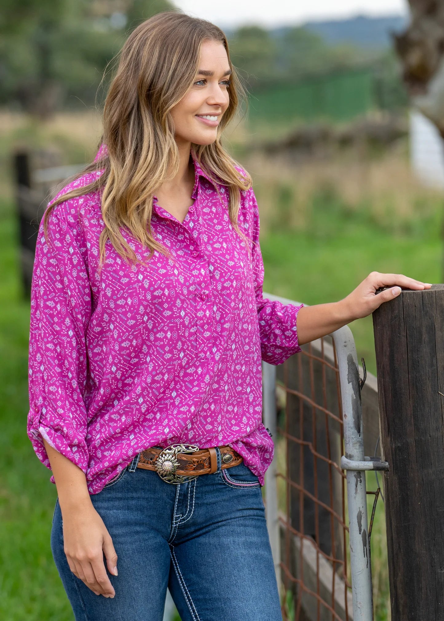 LADIES PURE WESTERN CALLIE PRINT 3/4 SLEEVE SHIRT Fashionable Trendy Casual
