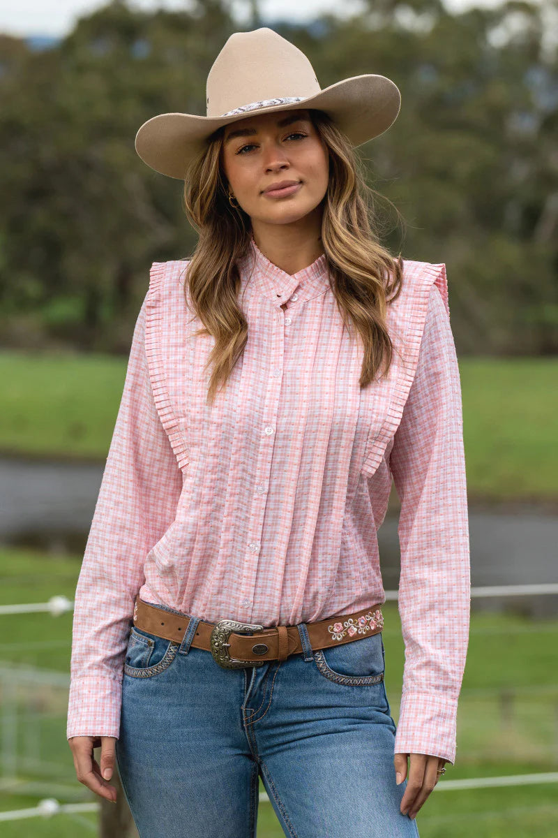 LADIES PURE WESTERN OLIVIA CHECK TUCK L/S SHIRT Spandex Blend Rayon Blend Denim Blend