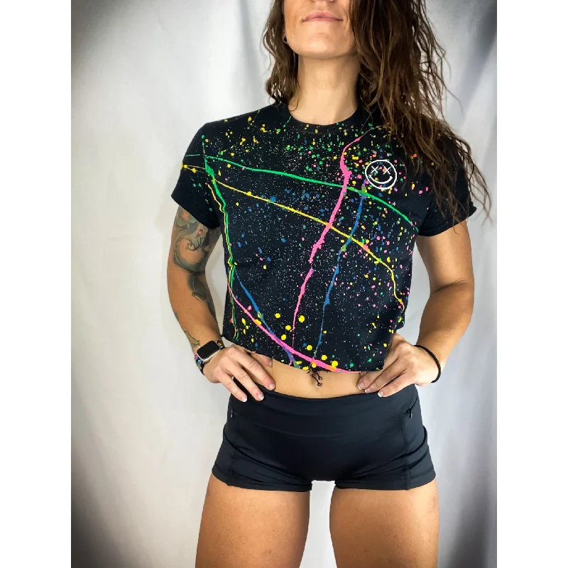 Salty Savage Ladies "OG Smile" Paint Splatter Crop Tee | Basic Graphic Embroidered Appliqued