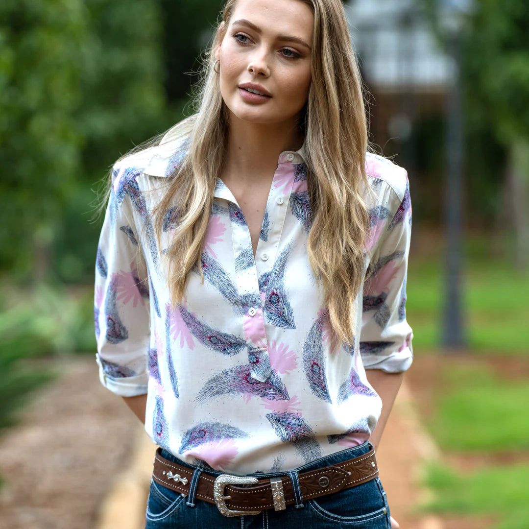LADIES WRANGLER REBECCA PRINT 3/4 SLEEVE SHIRT Collared T-Shirt Boat Neck A-Line