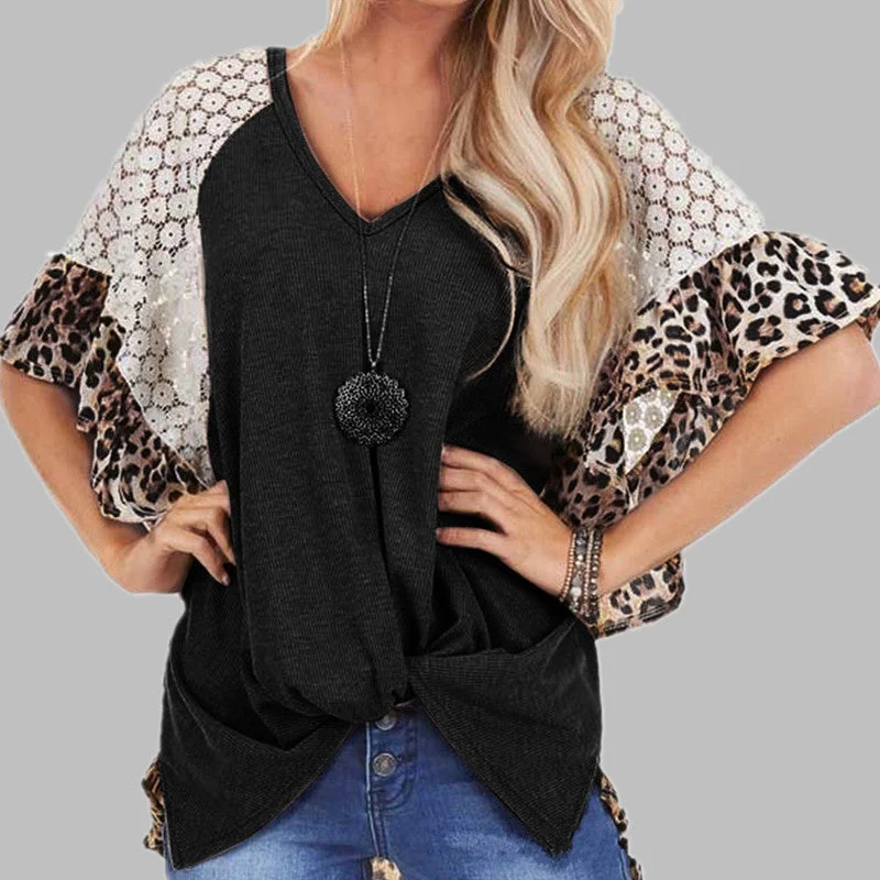 Leopard Patchwork T-shirt Women Loose V-neck Tops Tee Batwing Sleeve Top Women Summer Short Sleeve Fashionable Trendy Casual Leopard Patchwork T-shirt Women Loose V-neck Tops Tee Batwing Sleeve Top Women Summer Short Sleeve Fashionable Trendy Casual