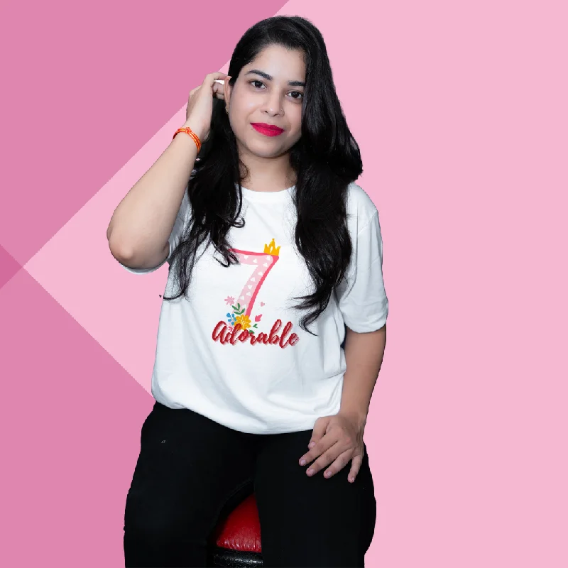 "Look Adorable in Our 'Number 7' Adorable Printed Women's White T-Shirt"Look Adorable, Number 7, Printed, Women's, White T-Shirt Modern Contemporary Chic "Look Adorable in Our 'Number 7' Adorable Printed Women's White T-Shirt"Look Adorable, Number 7, Printed, Women's, White T-Shirt Modern Contemporary Chic