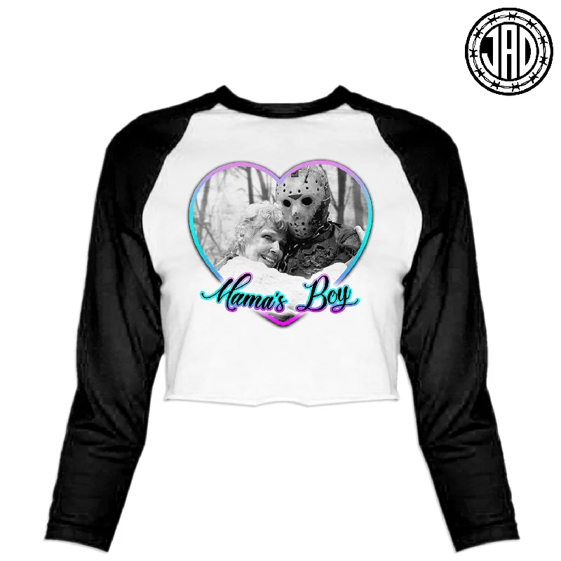 Mama's Boy - Women's Cropped Baseball Tee Handmade Hand-knitted Hand-woven