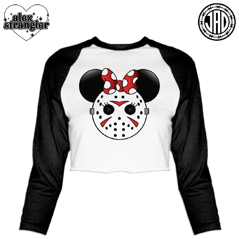 Mrs. Murder Mouse - Women's Cropped Baseball Tee Jersey Fabric Tulle Fabric Batik Fabric Mrs. Murder Mouse - Women's Cropped Baseball Tee Jersey Fabric Tulle Fabric Batik Fabric