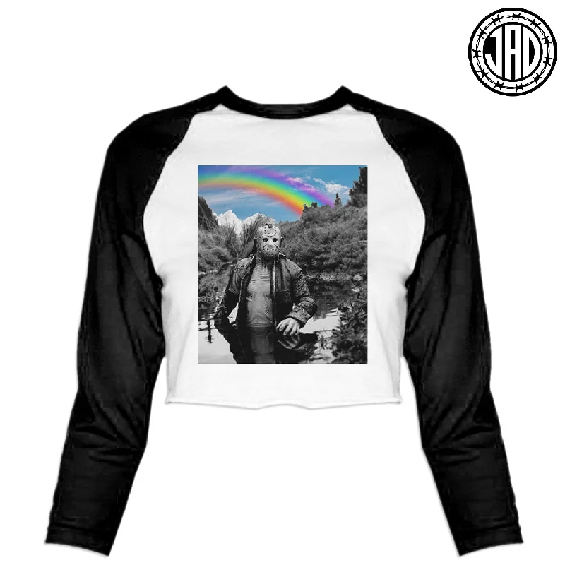 Murder Happy Camp - Women's Cropped Baseball Tee Chenille Blend Fleece Blend Nylon Blend Murder Happy Camp - Women's Cropped Baseball Tee Chenille Blend Fleece Blend Nylon Blend