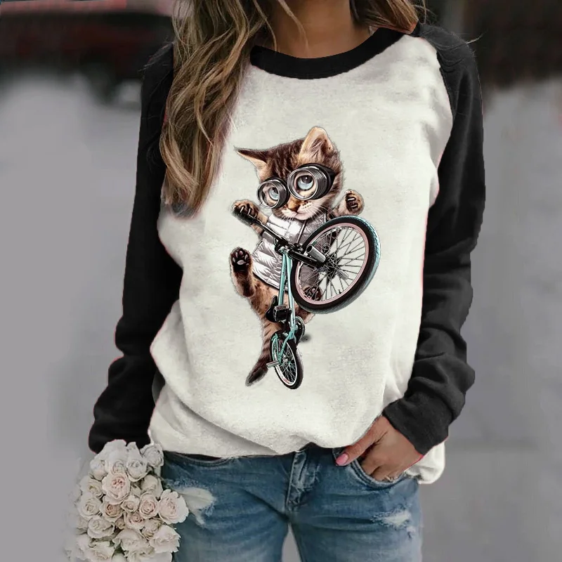 Printed Cat Long Sleeve T-Shirt Chenille Blend Fleece Blend Nylon Blend