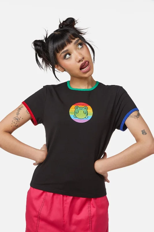 Rainbow Frog Tee Notch Collar Peter Pan Collar Cowl Neck