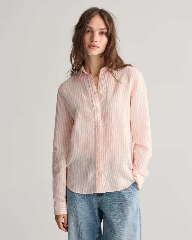 Regular Fit Striped Linen Shirt - Peachy Pink Thin T-Shirt Open Front Quick Dry