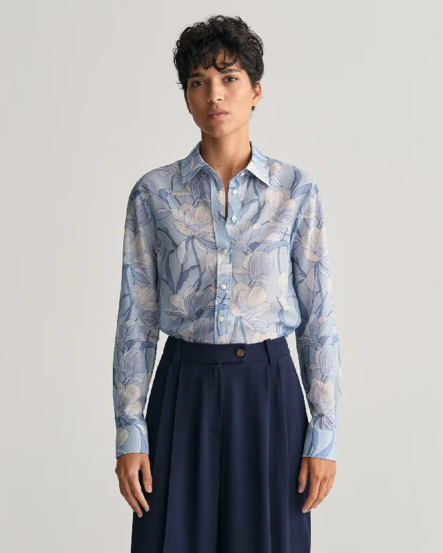 Regular Fit Magnolia Print Cotton Silk Shirt - Dove Blue Spandex Blend Rayon Blend Denim Blend Regular Fit Magnolia Print Cotton Silk Shirt - Dove Blue Spandex Blend Rayon Blend Denim Blend