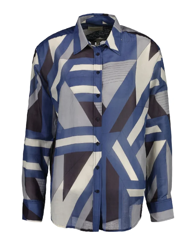 Relaxed Fit Letters Print Cotton Silk Shirt - Dusty Blue Sea Anti-Shrink Durable Soft