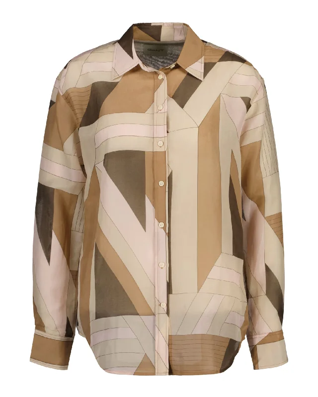 Relaxed Fit Letters Print Cotton Silk Shirt - Roasted Walnut Cozy Warm Stylish