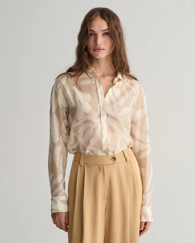 Relaxed Fit Palm Print Cotton Silk Shirt - Dry Sand Collared Crew Neck Turtle Neck