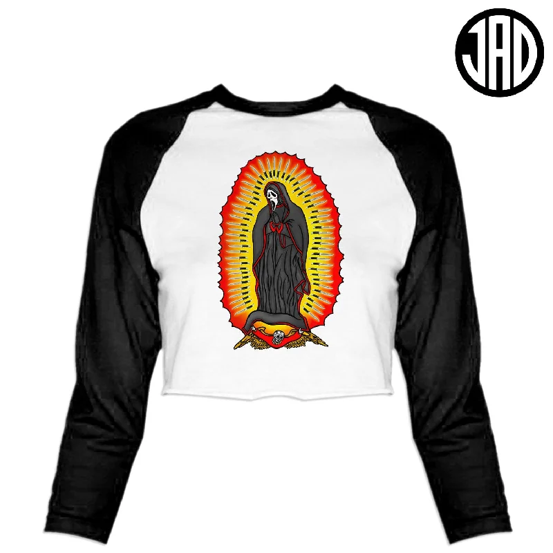Saint Of Woodsboro 2 - Women's Cropped Baseball Tee Denim Fabric Leather Fabric Suede Fabric Saint Of Woodsboro 2 - Women's Cropped Baseball Tee Denim Fabric Leather Fabric Suede Fabric