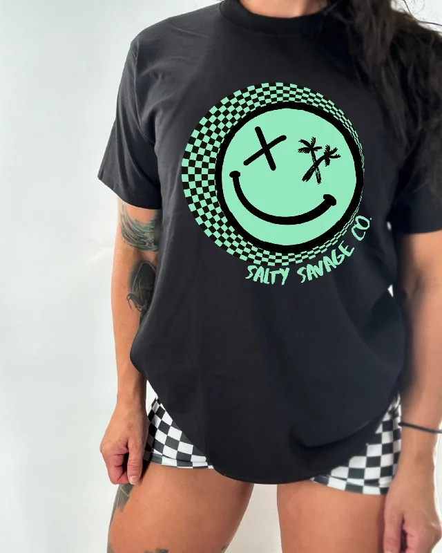 Salty Savage Ladies “Checkerboard Spiral” Oversized Boyfriend Tee | Teal Front Pockets Side Pockets Patch Pockets Salty Savage Ladies “Checkerboard Spiral” Oversized Boyfriend Tee | Teal Front Pockets Side Pockets Patch Pockets