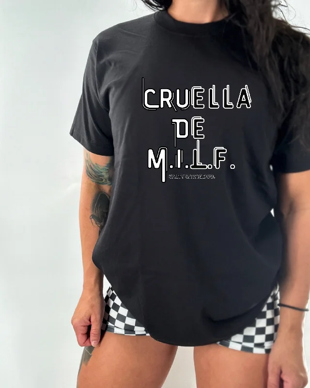 Salty Savage Ladies “Cruella De M.I.L.F” Oversized Boyfriend Tee Fashionable Trendy Casual Salty Savage Ladies “Cruella De M.I.L.F” Oversized Boyfriend Tee Fashionable Trendy Casual
