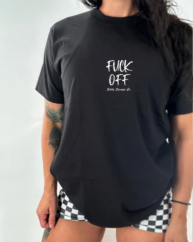 Salty Savage Ladies “Fuck Off” Oversized Boyfriend Tee | Micro Striped Floral Plaid