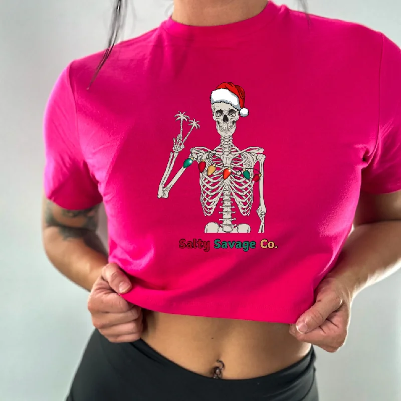 Salty Savage Ladies "Holiday Peace Skeleton" Performance Crop Tee Hooded Caped Shawl Collar Salty Savage Ladies "Holiday Peace Skeleton" Performance Crop Tee Hooded Caped Shawl Collar