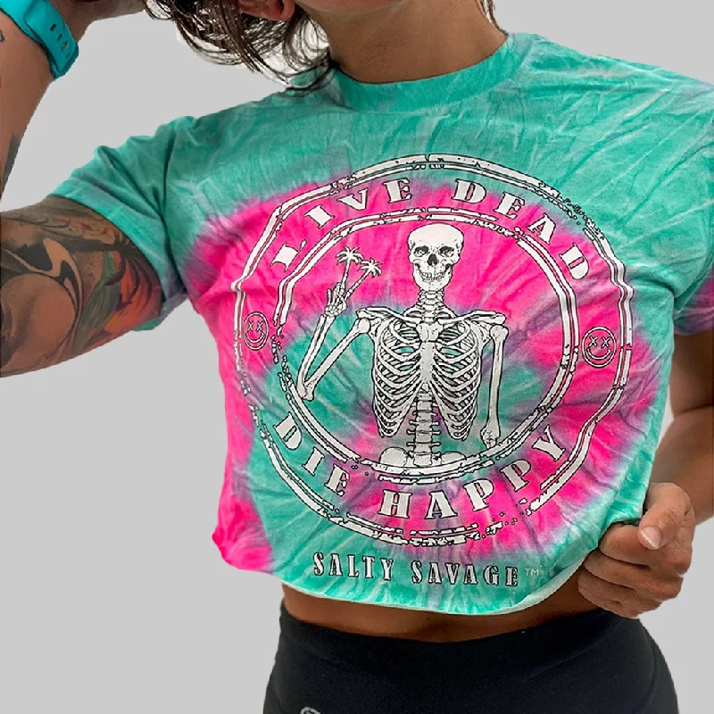 Salty Savage Ladies “LIVE DEAD, DIE HAPPY” Raw Cut Crop Tee Hooded Caped Shawl Collar Salty Savage Ladies “LIVE DEAD, DIE HAPPY” Raw Cut Crop Tee Hooded Caped Shawl Collar