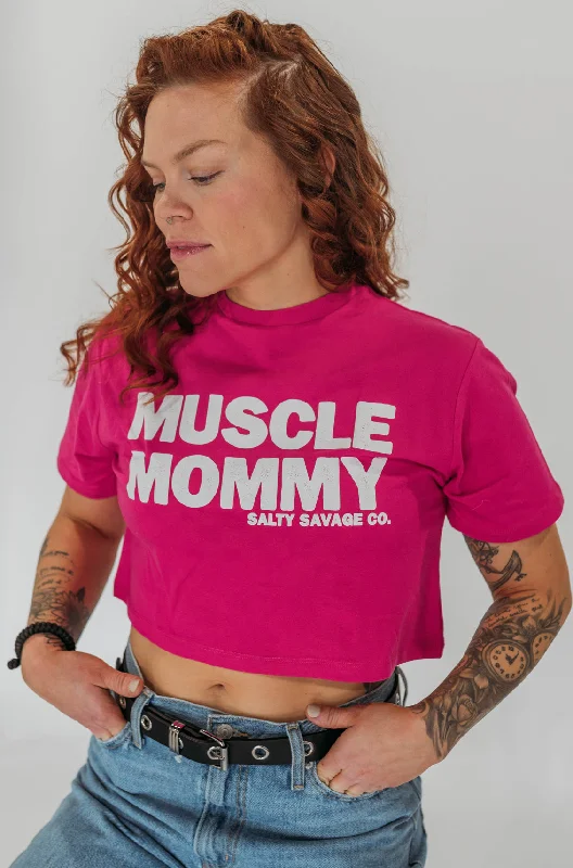 Salty Savage Ladies "MUSCLE MOMMY" Performance Crop Tee Hooded Caped Shawl Collar