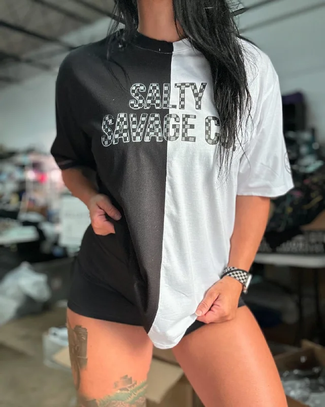 Salty Savage Unisex “Checkerboard Logo” Two Tone Oversized Tee Hooded Caped Shawl Collar Salty Savage Unisex “Checkerboard Logo” Two Tone Oversized Tee Hooded Caped Shawl Collar