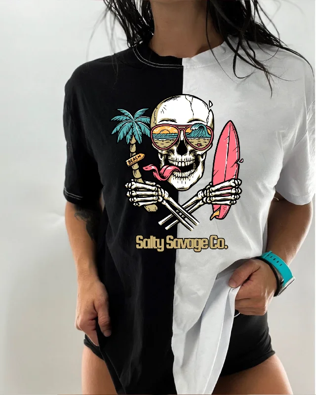 Salty Savage Unisex “Double Fisting Beach Skull” Two Tone Oversized Tee Front Pockets Side Pockets Patch Pockets Salty Savage Unisex “Double Fisting Beach Skull” Two Tone Oversized Tee Front Pockets Side Pockets Patch Pockets